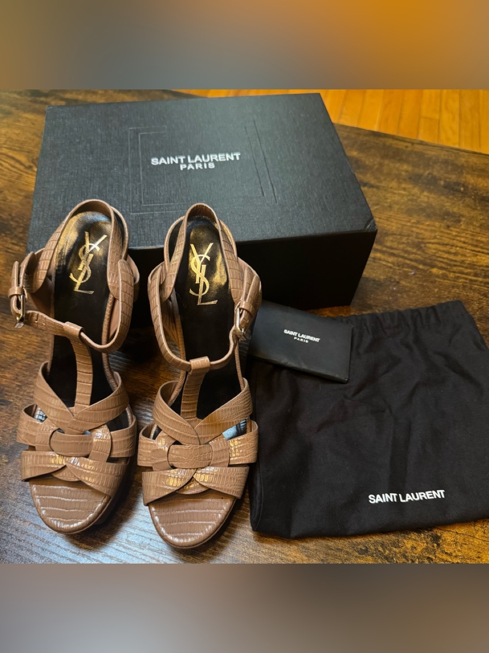 Saint Laurent Tan Croc-Embossed Leather T-Strap Sandals